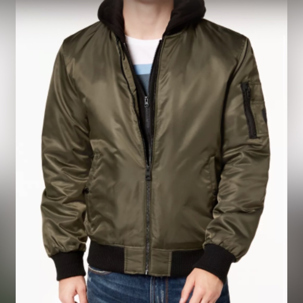 GUESS Men's Black and Olive bomber Jacket with remove-able jacket hood inlet